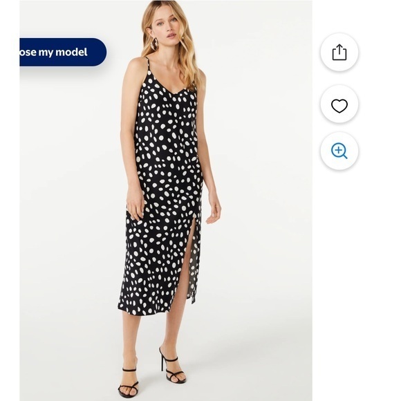 New Scoop Midi Slip Dress with Slit Casual Summer Polka Dot Black White Large - Picture 1 of 14